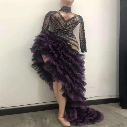 H119 Trailing Dress Singer Dancer Feathers Party Pearls Drilling Chain Diamond See-Through Sexy Gem Elastic Stretched Jumpsuit