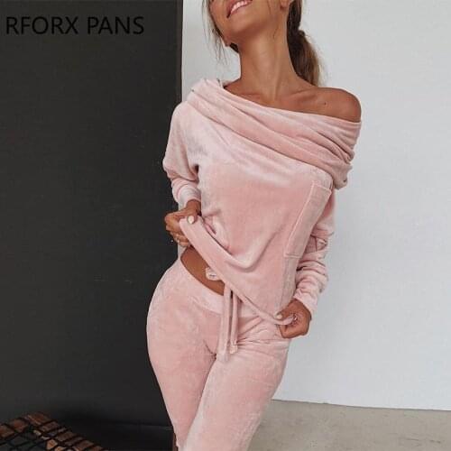 Off Shoulder Pleuche Top + Trousers Set