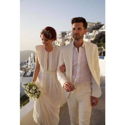 Summer Casual Beach Wedding Suits For Men Ivory/White Linen Tuxedo Custom Made Groom Best Man Party Prom Male Blazer 2 Piece