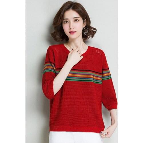 Summer Three-quarter Sleeve Thin Pullovers Women Round Collar Knitted Jumper Tops Female Loose Hollow Out Stripe Sweater H9335