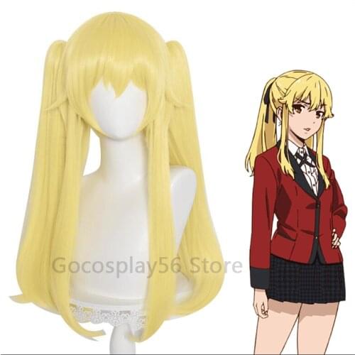 Kakegurui Meari Saotome Cosplay Wig Yellow 65cm Long Straight Ponytails Heat Resistant Hair Gambling School Compulsive Gambler