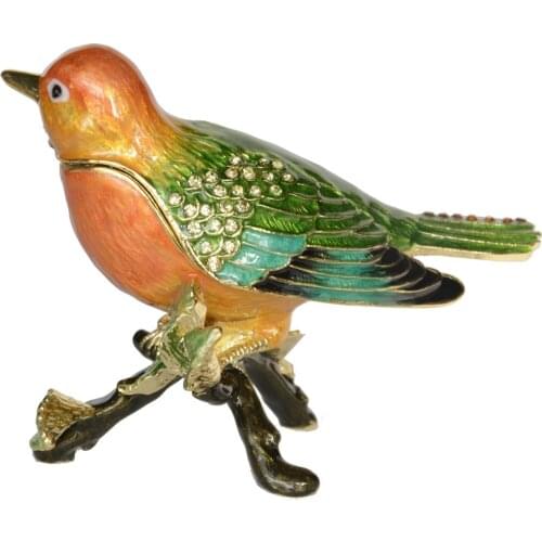 Bird on Perch Trinket Box Metal Jewelry Container Necklace Holder Bejeweled Bird Miniature Figurines Decoration Gifts