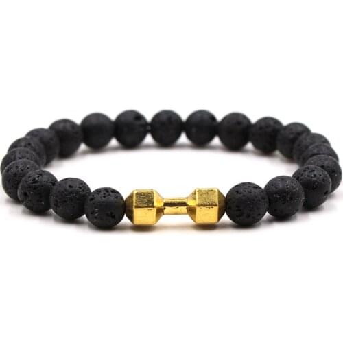 2021 Fashion 8mm Black Volcanic lava stone bead Bracelets Zinc alloy Barbell bracelet for Men&Women charm Handmade Jewelry Gifts