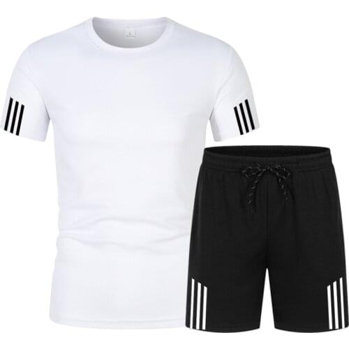 2021 Mens T-Shirt + Shorts Suit Summer Breathable Casual T-Shirt Running Suit Fashion Harajuku Stripe Mens Sports Suit New