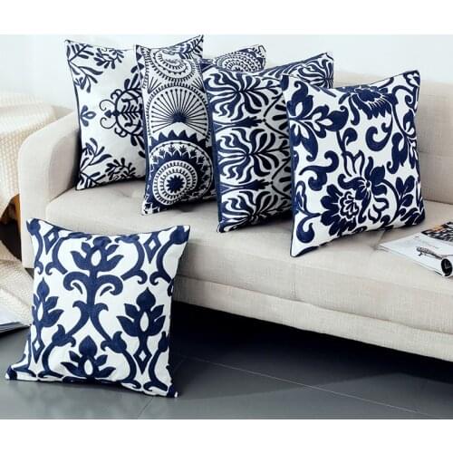 Blue Cushion Cover Cute Floral Geometric Embroidery Green Yellow Pillow Case with For Sofa Bed Simple Home Decorative 45x45cm