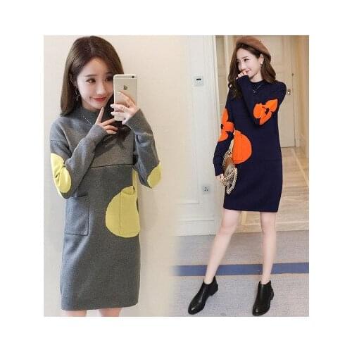 Autumn and winter new sweater maternity dress out fashion breastfeeding sweater knit contrast color mosaic sweater dress