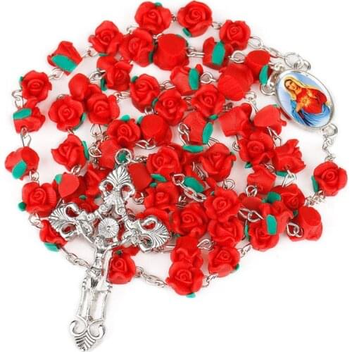 New Arrival 8mm Polymer Clay Rose Beads Rosary Catholic Necklace With Holy Soil Medal Crucifix Prayer Religious Cross Necklaces