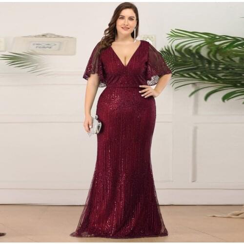 New Deep V-Neck Evening Dress Sequins Pleat Short Sleeves Simple Mermaid Elegant Floor-Length Plus Size Women Formal Gowns D966