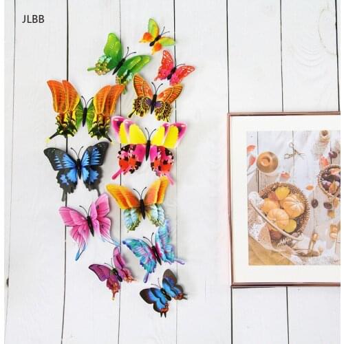 New 12pcs/set 3D Double layer Pteris butterfly Wall Sticker Home decoration Colorful Butterflies on wall Magnet Fridge stickers