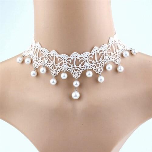 Hot Sexy Gothic Chokers Pearl White Beads Lace Pearl Necklace Choker Necklace Vintage Women Bride Wholesale Jewelry Romantic
