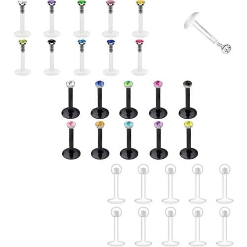 Tragus Retainer Clear Lip Studs, 30pcs Flexible Acrylic 2mm CZ Gem Labret Monroe Lip Ring/Tragus/Helix/Cartilage Earring Stud