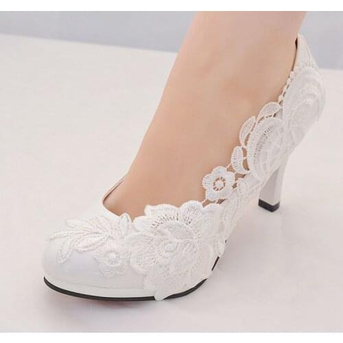 Bridal shoes spring autumn handmade white lace ladies party brides wedding pumps shoes 8CM HIGH HEELS