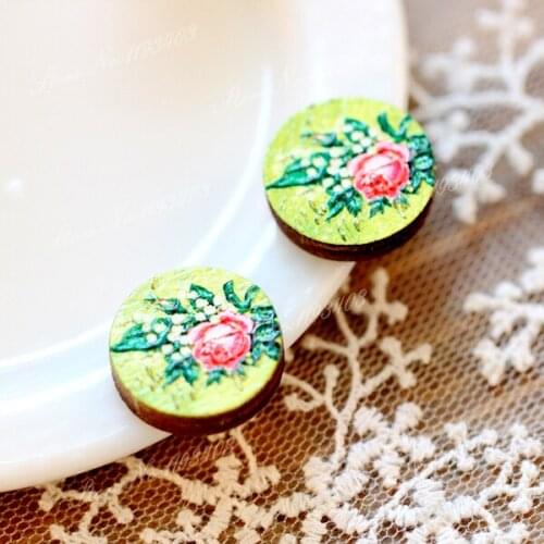 Unique 3D Flower Embossed 16mm Round Coloured Drawing pattern Laser Cut wood Cabochon DIY for Rings, Earring,Brooch,Necklace