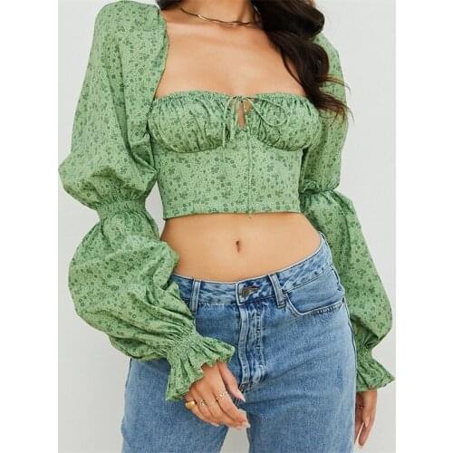 ZXQJ Women 2021 Sexy Fashion Chest strap Crop Blouses Vintage Lantern Sleeve Elastic Trims Female Shirts Chic Tops