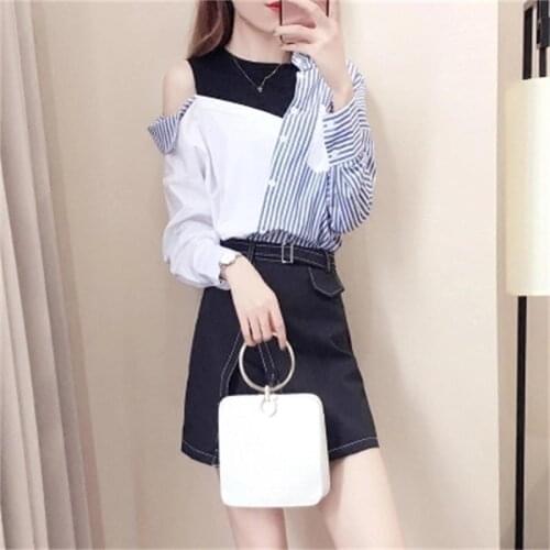 Women suit New personality striped shirt with small incense wind skirt suit female summer high-end two-piece Women Skirt Suits