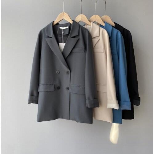 YGhan Spring Office Women Blazer Double Breasted Black Gray Blue Beige Basic Suit Coat Loose Long Sleeve Top