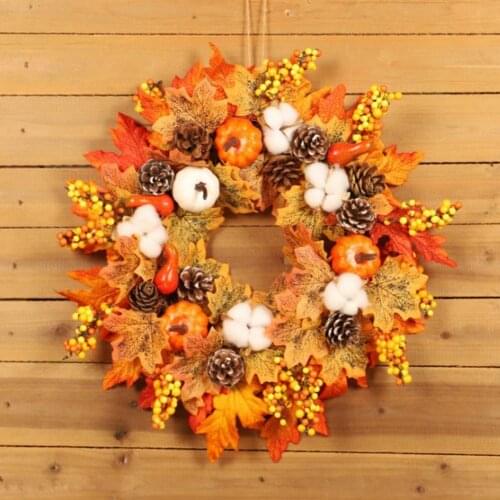Halloween Ornaments Wreath Thanksgiving Wreath Cotton Pumpkin Berry Maple Leaf Pine Cones Decor Door Wall Hanging Decoration