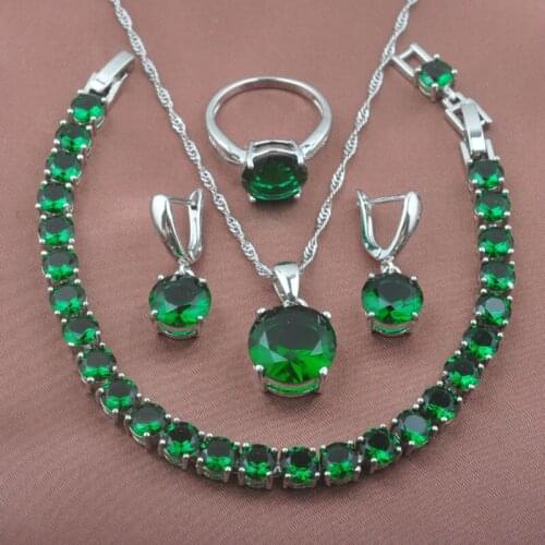 Silver Color Womens Jewelry Sets Classic Round Green Zirconia Bracelet Necklace Pendant Earrings Ring Russian Style YZ0222