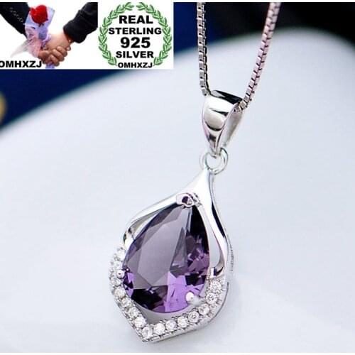 OMHXZJ Wholesale European Fashion Woman Girl Party Wedding Gift Amethyst Zircon 925 Sterling Silver Necklace Pendant Charm CA88