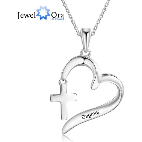 Personalized Name Heart Pendant Necklace with Cross Customize Engraving Women Necklace Jewelry Mother Gift (JewelOra NE104188)