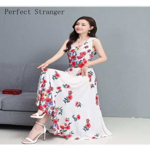 High Quality 2021 Summer Dress For Women V Collar Floral Printed Sleeveless Women Chiffon Long Dress