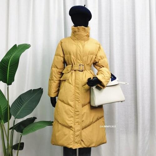 Winter Stand Collar Long Puffer Jacket Women 90% White Duck Down Thick Coat Female Loose Belt Pocket Warm Snow Outwear
