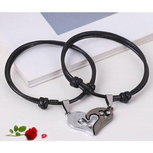 2 PCs Heart-Shaped Stitching Bracelet Handmade Lucky Love Black Rope Chain Couple Bracelets Set Lovers Jewelry girlfriend gifts
