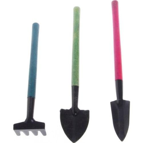 3Pcs Mini Garden Gardening Plant Tools Set with Wooden Handle Shovel Spade Rake