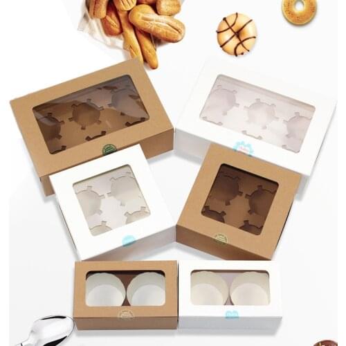 3pcs Craft Paper Cake Packaging Boxes with Windows 2/4/6 Cupcakes Pastry Candy Boxes for Wedding Birthday Home Party Gift