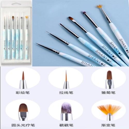 6Pcs/Set Nail Art Brush Set Crystal Acrylic UV Gel Brush Nails Lining Pen Gradient Carving Drawing Pen Manicure Tools