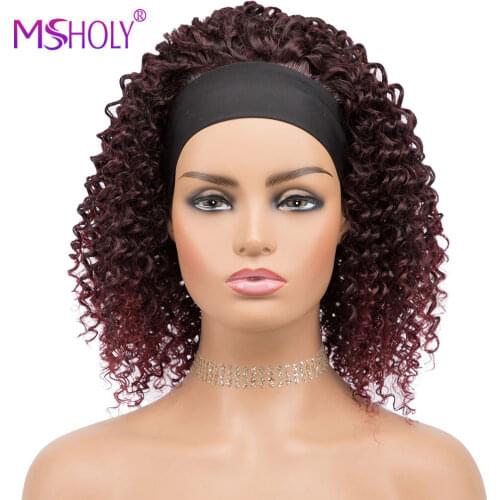 Afro Kinky Curly Headband Wig For Black Women Synthetic Short Curly Wig With Bangs Ombre Honey Blonde Red Burgandy Wigs Msholy