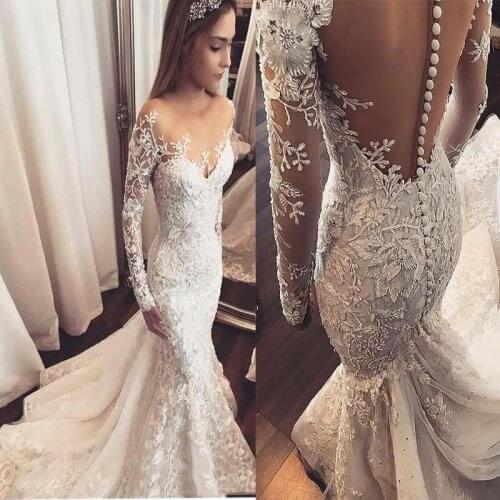 Arabic Long Sleeves Lace Mermaid Wedding Dresses Tulle Appliques Beaded Sweep Train Wedding Bridal Gowns robes de mariée BC1509