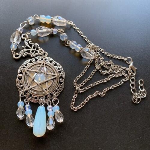 White Opalite Stone Beads Pentagram Pendant Energy Healing Spiritual Necklace Alloy Chain Jewelry 1pc