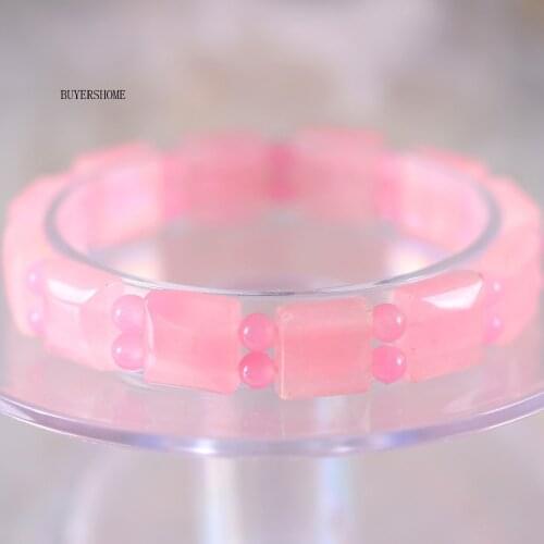 Free Shipping Women Jewelry Stretch Natural Pink Stone Round Square Beads Bracelet 7" 1Pcs H456