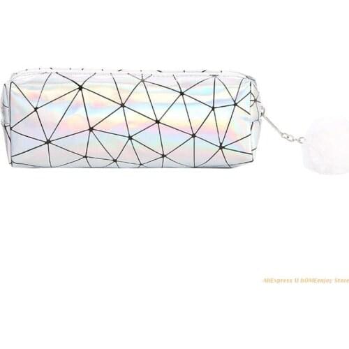 Holographic Iridescent Pencil Case for Girls Cute Pencil Box Hairball Pencil Bag School Supplies Stationery Dropship