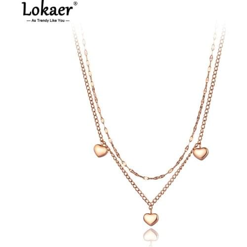 Lokaer Trendy Bohemia Stainless Steel Double-layer 3Pcs Heart Choker Necklace Beach Pendant Jewelry For Women Цепочка N21070