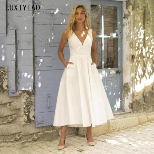 LUXIYIAO LO67 Simple Satin Wedding Dress 2021 Boho Bridal Gowns With Pockets Wedding Party Dress Plus Size