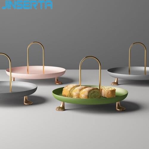 JINSERTA Metal Storage Tray Jewelry Display Plate Luxury Dessert Fruit Cake Snack Plate with Handle Desktop Decor Tray
