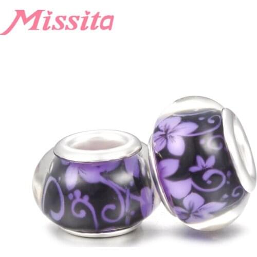 MISSITA Velcro Pattern Purple Pink Flower Murano Glass Beads fit Brand Bracelets for Jewelry Making DIY Jewelry Accessories