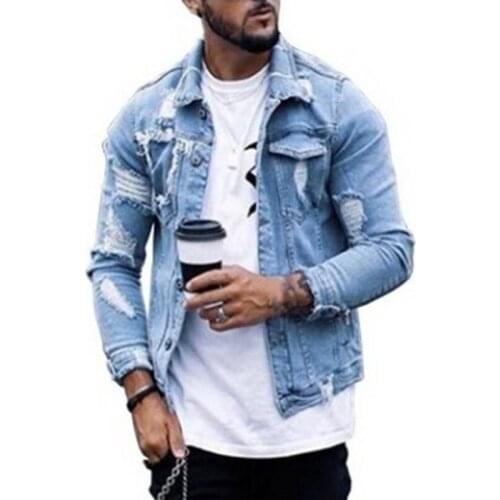2021 Autumn New Lapel Trend Mens Jeans Jacket Hole Irregular Wash Jacket Fashion Men Clothing Solid Color Denim Men Jacket