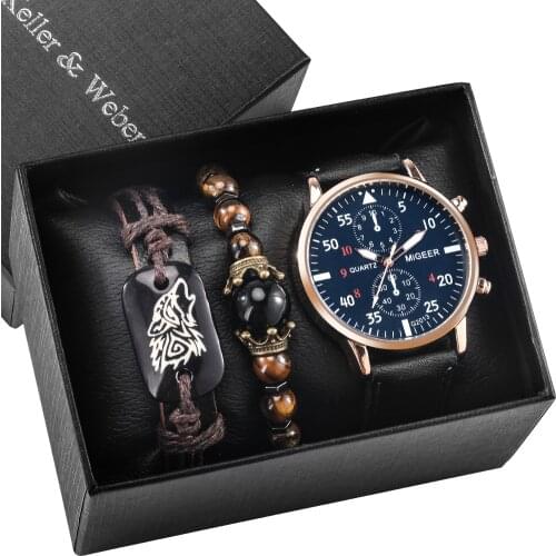 Men Watches Gift Set Dark Blue Business Dial Luxury Golden Quartz Watch Bead Braided Bracelets Top Fashion for Boyfriend Husband