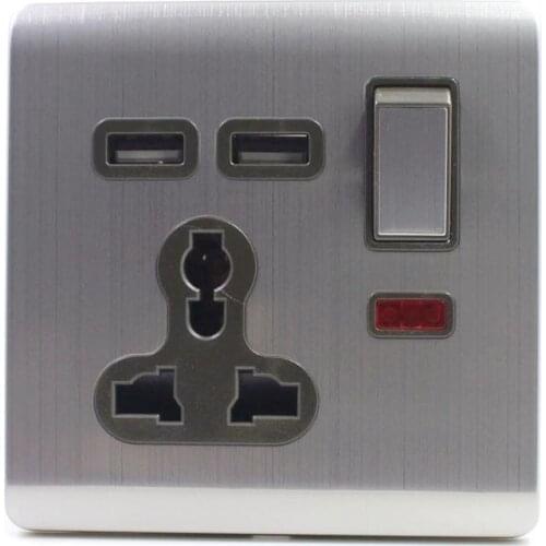Wall Socket 13A with switch Double USB Wall Socket Stainless Steel Wire UK/US/EUR Universal Socket
