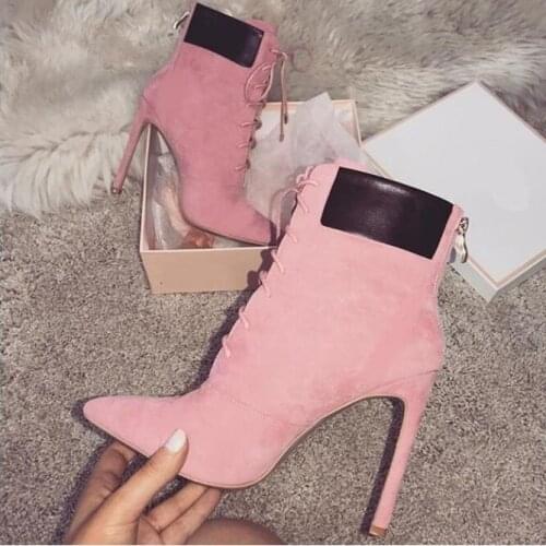 Cheap Price Pink Western Boots Lace-up Pointed Toe Patchwork Women Ankle Boots High Quality Cut-out Autumn Winter Dress Shoes