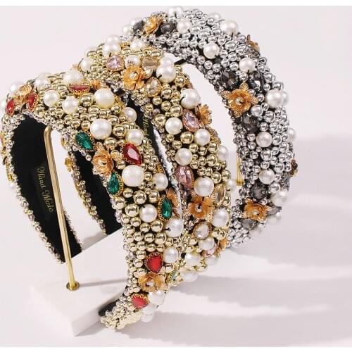 New Rhinestone Bling Padded Headbands Colorful Pearl Crystal Diamond Luxury Baroque Headband for Women 2021 Hair Accessories