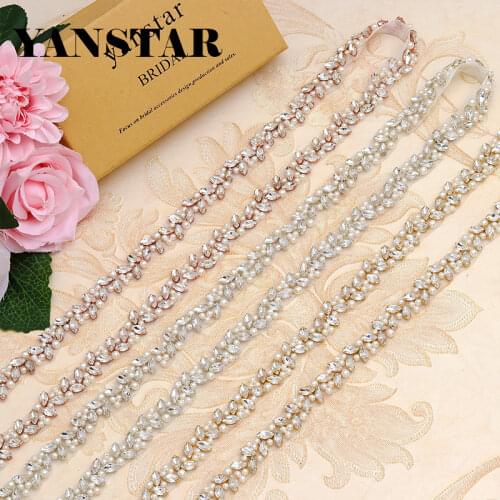 YANSTAR Wholesale Bridal Pearls Wedding Dress Belts Rhinestone Appliques Trim On 10Yards *2cm For Bridal Sash Gold Crystal YS879