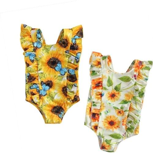 0-5Y Summer Kids Girls One Piece Bikini Sunflowers Print Ruffles Swimwear Beachwear 2 Colors Jumpsuit