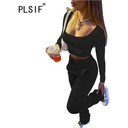 Casual Tracksuit Long Sleeve Solid Color 2 Pieces Crop Top And Long Pant Suit Lady Two Pieces Clothes Suit