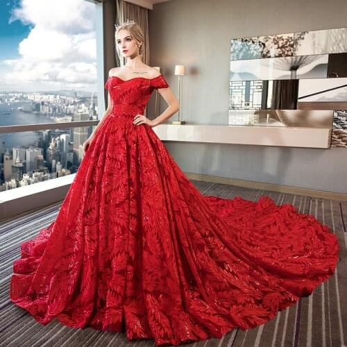 2020 Luxury Lace Off The Shoulder Wedding Dresses Long Train Sweetheart Elegant Bride Married Pregnant Women Red Plus Size