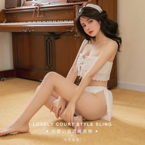 Sexy Lingerie Sexy Cotton Water-soluble Flower Split White Retro Home Service Uniform Temptation Midnight Nightdress Set