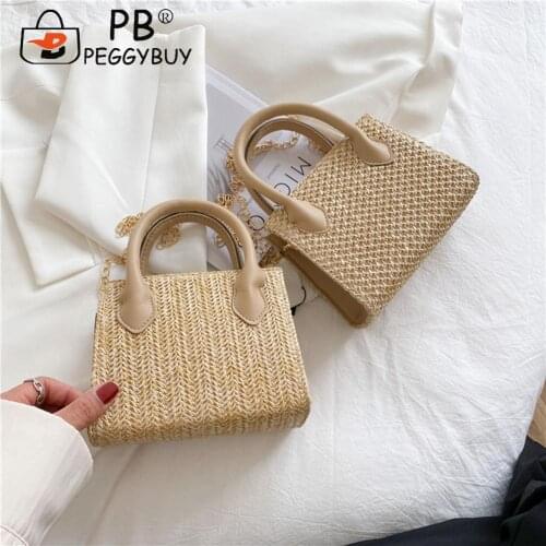Handmade Shoulder Bag Summer Casual Bags Woven Women Straw Chain Shoulder Bag Vintage Vacation Mini Messenger Bags